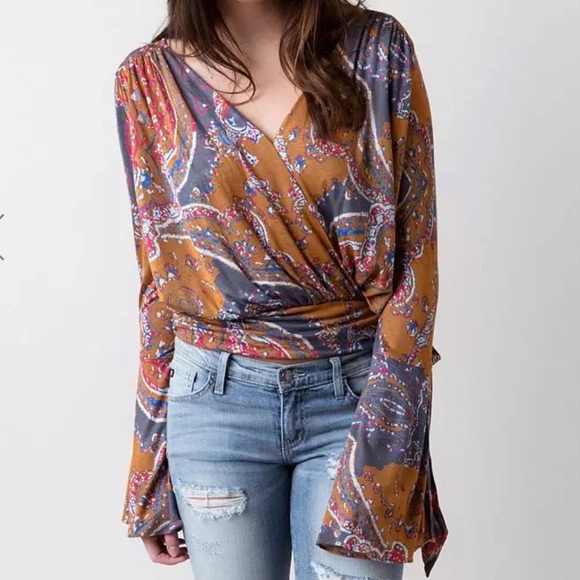 Free People Tops - Free People Fionas Wrap Blouse Womens Size S Bell Sleeve Paisley Casual boho
